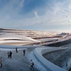 Visionsbild av det framtida stationsområdet i Upplands Väsby. Illustration: Zaha Hadid Architects