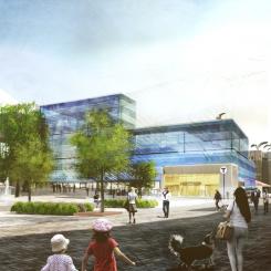 Visionsbild av ingången till nya tunnelbanan Station Slakthusområdet. Illustration: Region Stockholm